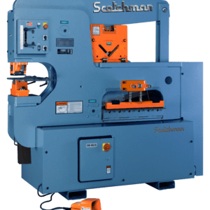 Blue industrial metalworking machine with orange accents.