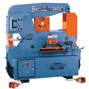 Blue and orange industrial metalworking machine.