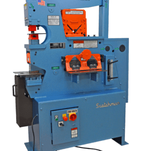 Blue industrial metalworking machine with orange accents.