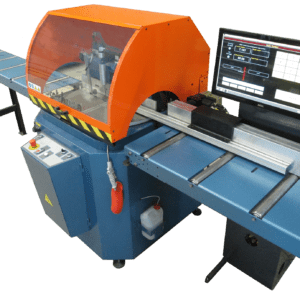 Industrial cutting machine with computer control panel.