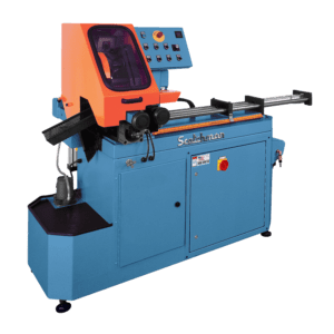 Industrial metal cutting machine with safety guard.