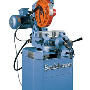 Industrial metal cutting machine with orange blade.