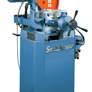 Industrial metal cutting machine with orange blade.