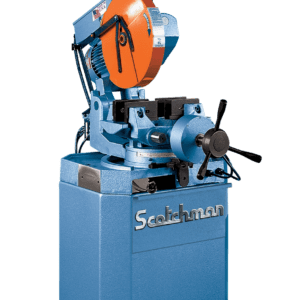 Industrial metal cutting machine with orange blade.