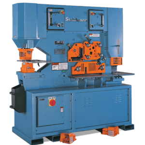 Blue and orange industrial metalworking machine.