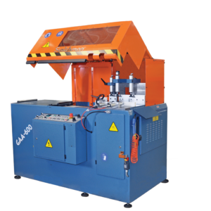 Industrial metal cutting machine with orange cover.