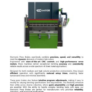 Press brake machine with descriptive text.