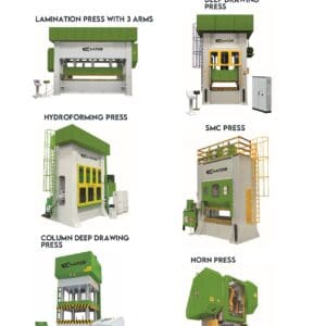 Various types of hydraulic presses displayed.