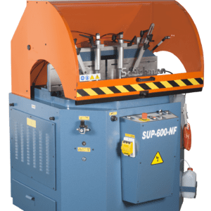Industrial metal cutting machine with orange cover.